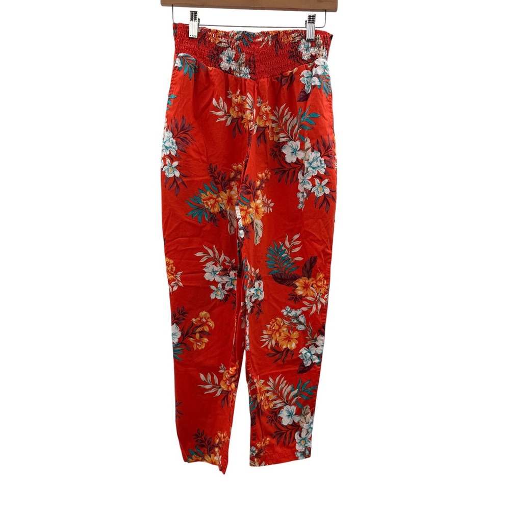 Bar III Floral Tapered Pants Womens M Red Tropical Smocked High Waist Pull On